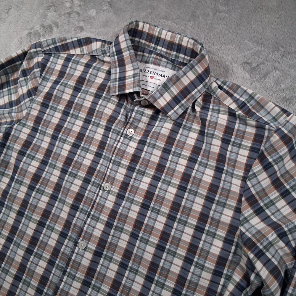 Mizzen+Main Leeward Shirt Mens Large Blue Plaid Long Sleeve Trim Fit Stretch